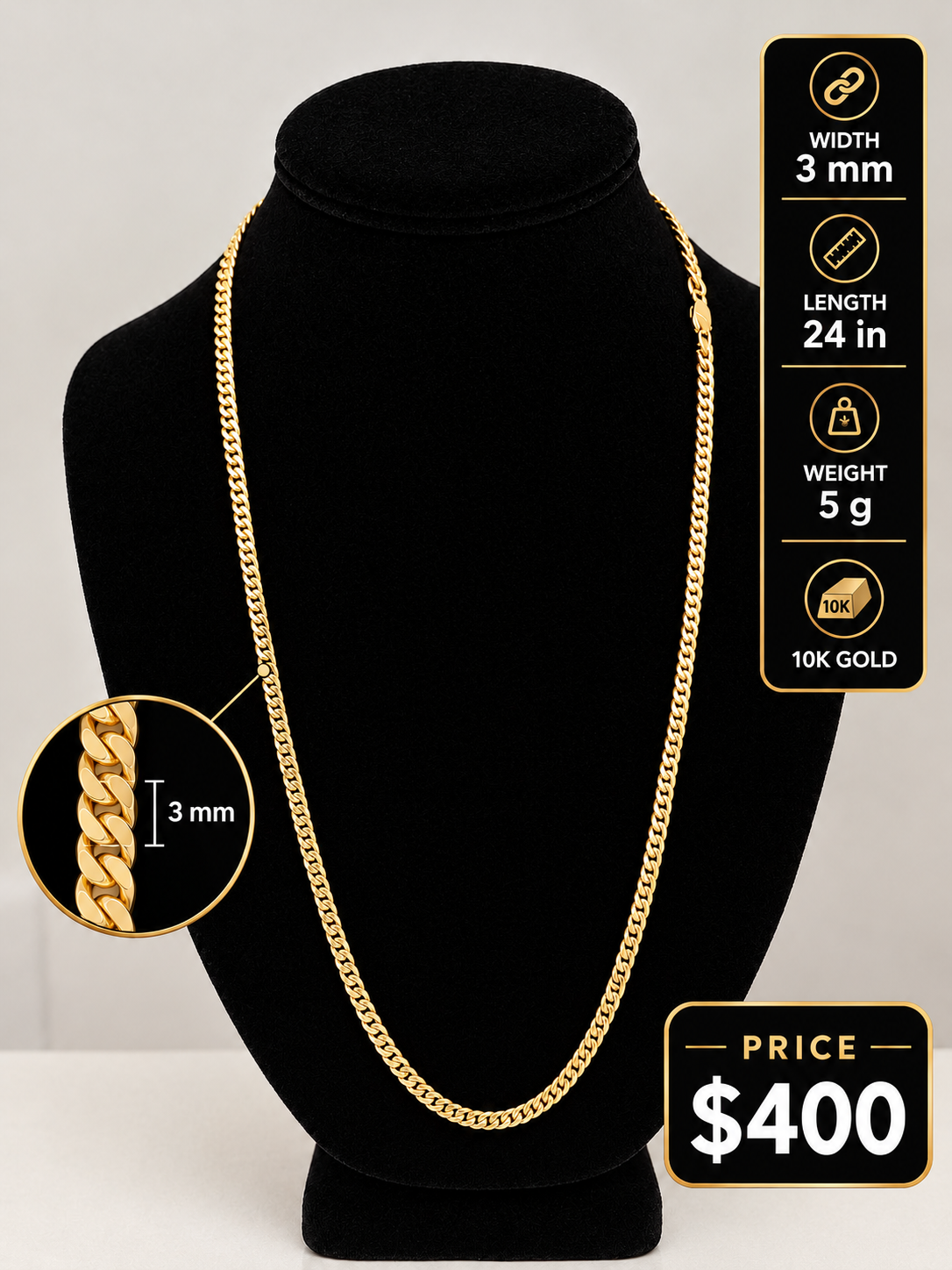 Hallow Cuban Chain 3mm 24 inches